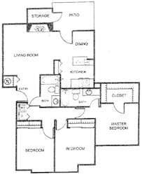 A floor plan of a house with a living room, two bedrooms, a kitchen, a bathroom, a storage area, a dining room, and a patio.