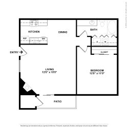 Floor Plan 1 Bed, 1 Bath A1