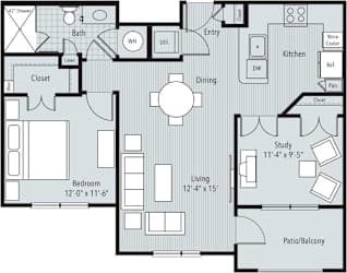 1 bedroom, 1 bathroom, study at 46 Penn Apartment Homes, Kansas City, 64111