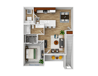 A top-down view of a small apartment with a kitchen, living room, and bathroom.
