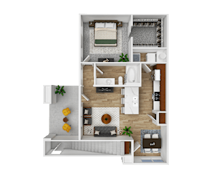 A 3D floor plan of a small apartment with a living room, kitchen, and bathroom.