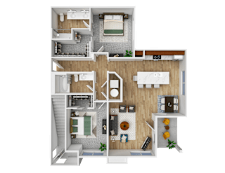 A detailed 3D floor plan of a house showing all rooms and their layouts.