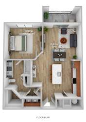 A floor plan of a small apartment with a bedroom, living room, and kitchen.