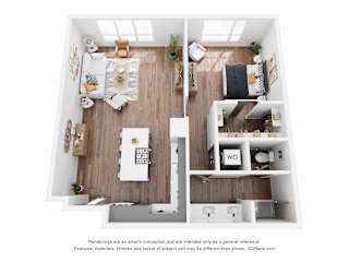 A 3D floor plan of a small apartment with a kitchen, living room, and bedroom.
