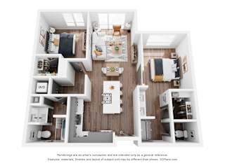 A 3D floor plan of a house with labeled rooms.