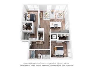 A 3D floor plan of a small apartment with a kitchen, living room, and two bedrooms.