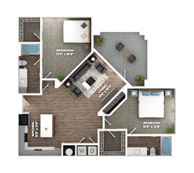 A floor plan of a house with three bedrooms, a living room, a kitchen, and a bathroom.