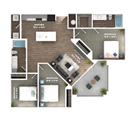 A floor plan of a house with a kitchen, two bedrooms, and a living area.