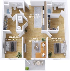 A floor plan of a home with a kitchen, living room, and three bedrooms.