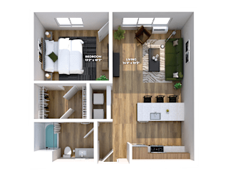 3D floor plan with bedroom living room and kitchen at Montage Apartments, Tigard, Oregon