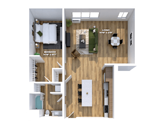 3D floor plan with open concept living and bedroom at Montage Apartments, Oregon