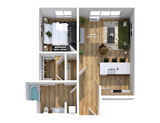 One bedroom apartment floor plan with open layout at Montage Apartments, Oregon, 97223