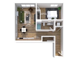One bedroom 3D floor plan with dining area at Montage Apartments, Tigard, OR 97223