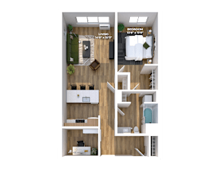 One bedroom 3D floor plan with office space at Montage Apartments, Tigard, OR