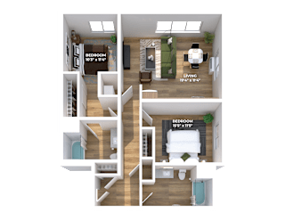 Two bedroom 3D floor plan with central hallway at Montage Apartments, Tigard, Oregon