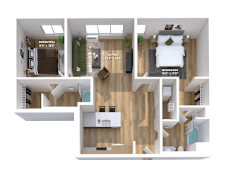 Two bedroom 3D floor plan with open living space at Montage Apartments, Tigard