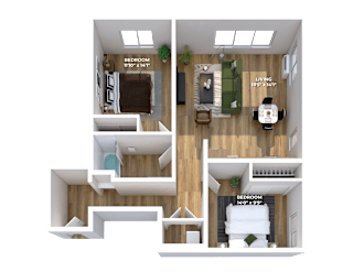 Two bedroom 3D floor plan with separate living area at Montage Apartments, Oregon, 97223
