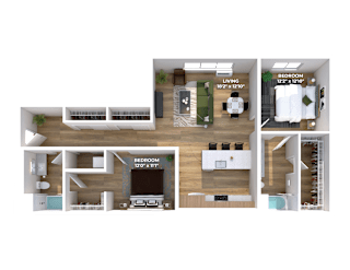 Two bedroom 3D floor plan with central kitchen island at Montage Apartments, Tigard, OR