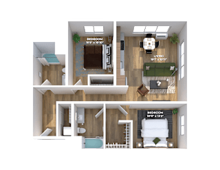 Two bedroom 3D floor plan with labeled dimensions at Montage Apartments, Tigard, 97223
