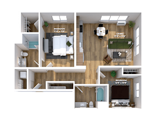 Two bedroom 3D floor plan with living and dining areas at Montage Apartments, Tigard, Oregon