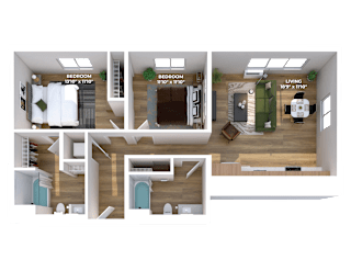 Two bedroom 3D floor plan with walk-in closets at Montage Apartments, Oregon