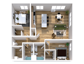 Two bedroom 3D floor plan with island kitchen at Montage Apartments, Oregon, 97223