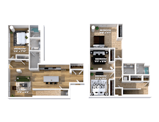 Split level 3D floor plan with four bedrooms at Montage Apartments, Tigard, 97223