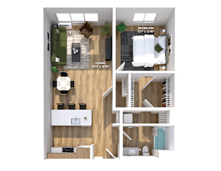 One bedroom 3D floor plan with bathroom details at Montage Apartments, Tigard, Oregon