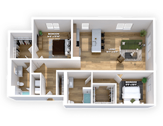 3D floor plan with two bedrooms and closets at Montage Apartments, Oregon, 97223