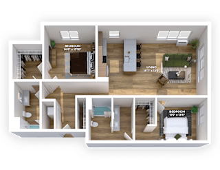 3D floor plan with two bedrooms and living room at Montage Apartments, Tigard, OR 97223