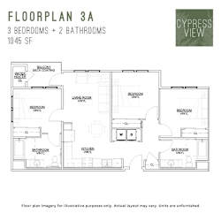 A floor plan for a 3A apartment with 3 bedrooms and 2 bathrooms.