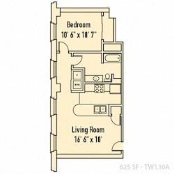 1 bed 1 bathroom floorplan with balcony at Indy Living Apartments, Indianapolis, IN