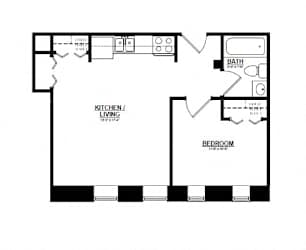 One bedroom one bathroom floorplan with walk-in closet 1 at Indy Living Apartments, Indianapolis, IN