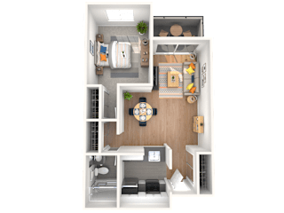 A top-down view of a small apartment with a kitchen, living room, and bedroom.