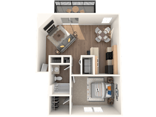 a stylized floor plan of a 1 bedroom apartment