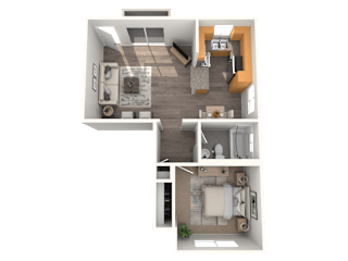 A 3D floor plan of a small apartment with a kitchen, living room, and two bathrooms.