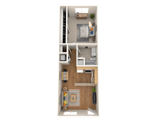 A top-down view of a small apartment with a kitchen, living room, and bathroom.