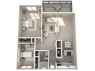 A 3D floor plan of a small apartment with a bedroom, living room, and kitchen.