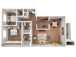 A 3D floor plan of a house showing a kitchen, living room, and two bedrooms.