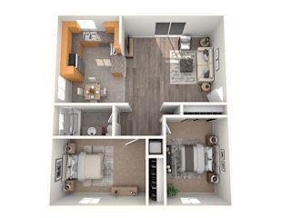 A top-down view of a two-bedroom apartment with a living room, kitchen, and bathrooms.