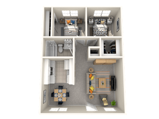 A 3D floor plan of a small apartment with a kitchen, living room, and bathroom.