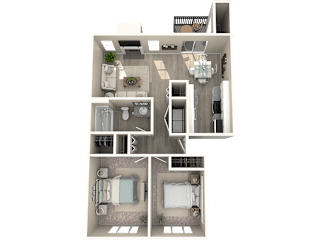a 3d rendered floor plan of a two bedroom apartment