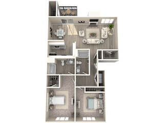 a 3d floor plan of a two bedroom apartment