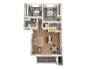 A 3D floor plan of a small apartment with a living room, kitchen, and bedroom.