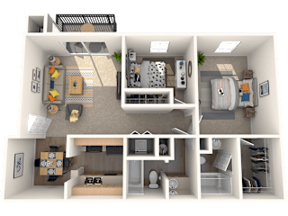 Apartments for Rent in Tampa – The Commons – 3D floorplan of our 2 bedroom 2 bathroom apartment