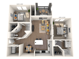 A 3D Floorplan of a two bedroom apartment with a balcony at The Sanctuary at 331 in Santa Rosa Beach Florida