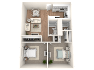 A top-down view of a small apartment with a living room, kitchen, and two bedrooms.