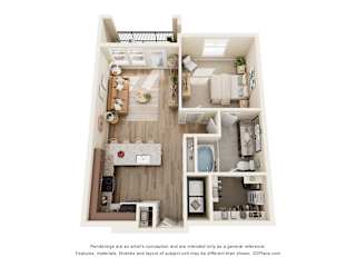 A2 floorplan at 33hundred Apartments in Austin Texas—one-bedroom layout with open living area, contemporary kitchen, large bedroom, and full bath