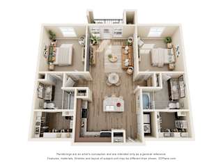 B1 two-bedroom floorplan at 33hundred Apartments in Austin TX 78728 featuring split-bedroom layout, open living room, modern kitchen, and two full bathrooms