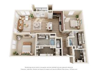 33hundred Apartments B2 two-bedroom floorplan in Austin Texas with spacious living area, large kitchen, two bedrooms with ample closet space, and two full baths
